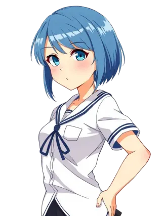 A cool heroine with short blue hair