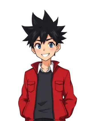 A spiky-haired hero in a red jacket, grinning