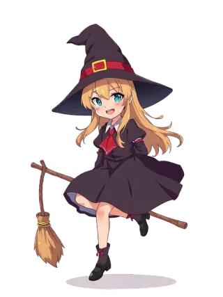 A witch in a pointed hat floating on her broom