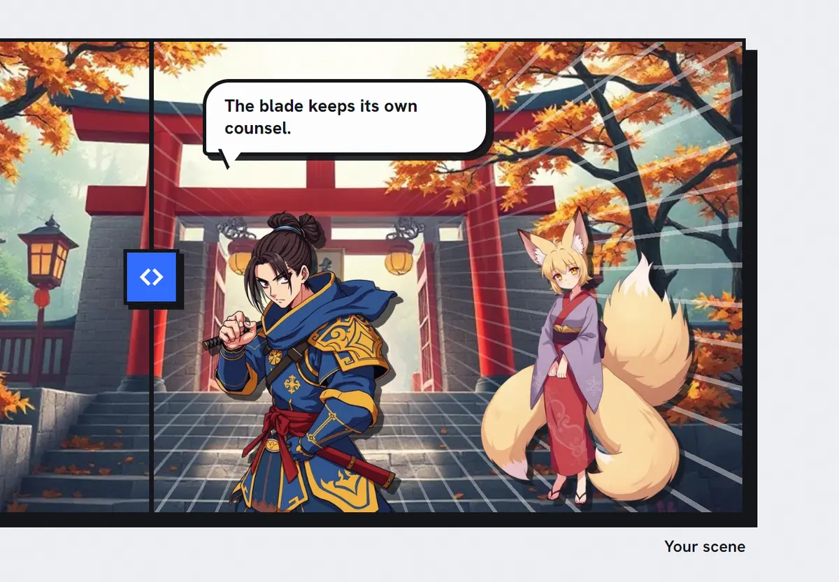 A shrine scene split by a slider: the bare backdrop on one side, the finished scene with a samurai, a fox spirit and a speech bubble on the other