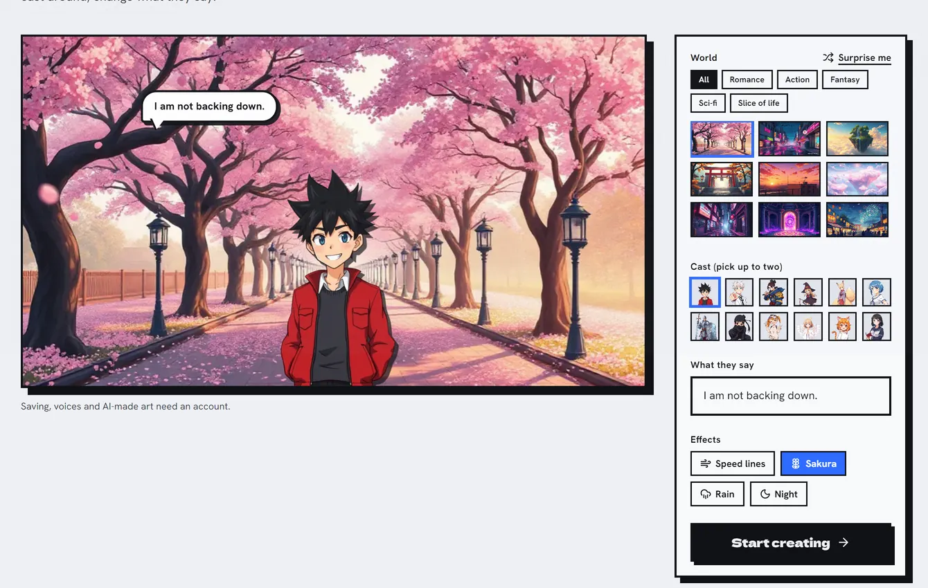 The Animaker Cloud stage: a hero in a red jacket on a cherry-blossom path saying I am not backing down, beside the panel for world, cast, dialogue and effects