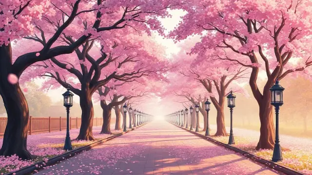 Sakura Path: a lamplit avenue under pink cherry blossoms