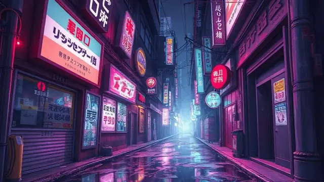 Cyber Alley: a rain-slick street glowing with pink and blue neon signs