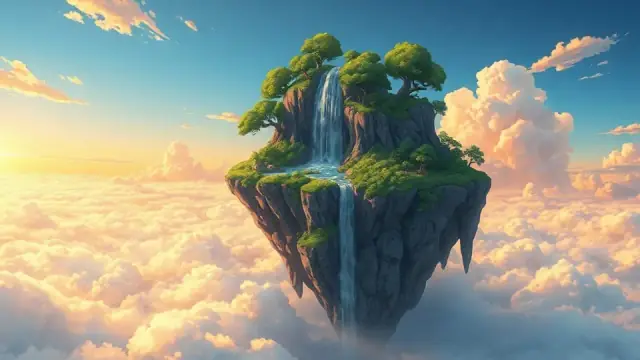 Floating Isle: a grassy island with a waterfall drifting in a golden sky