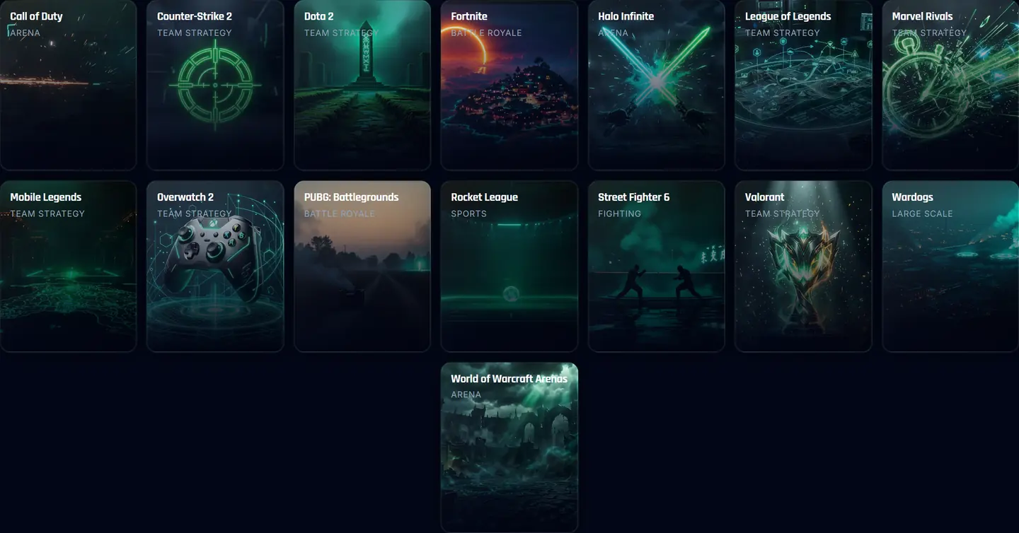The Browse by game grid on GAMER.CODES: fifteen art tiles from Call of Duty, Counter-Strike 2 and Dota 2 to Valorant and World of Warcraft Arenas