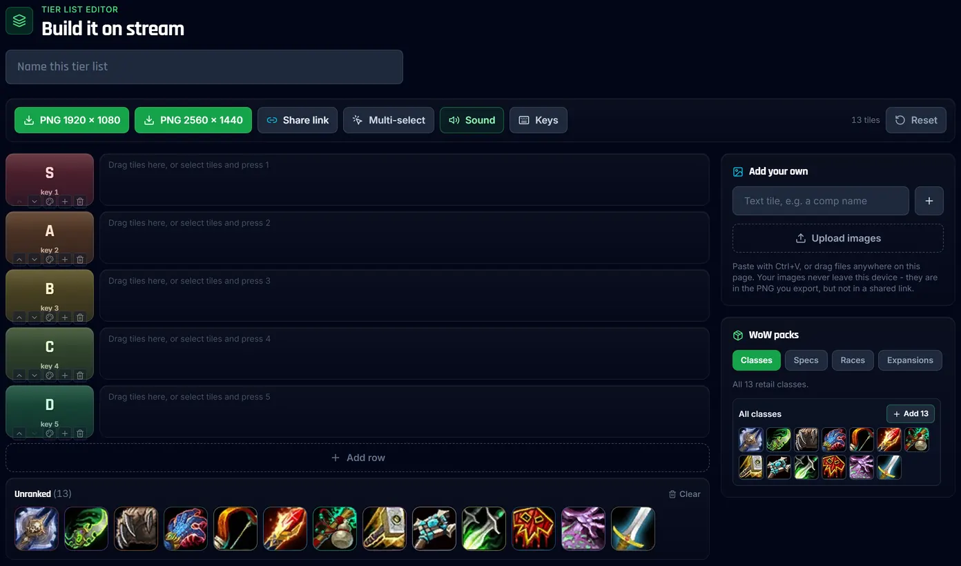 The GAMER.CODES tier list editor: S to D rows, PNG export buttons, and the thirteen WoW class icons ready to rank