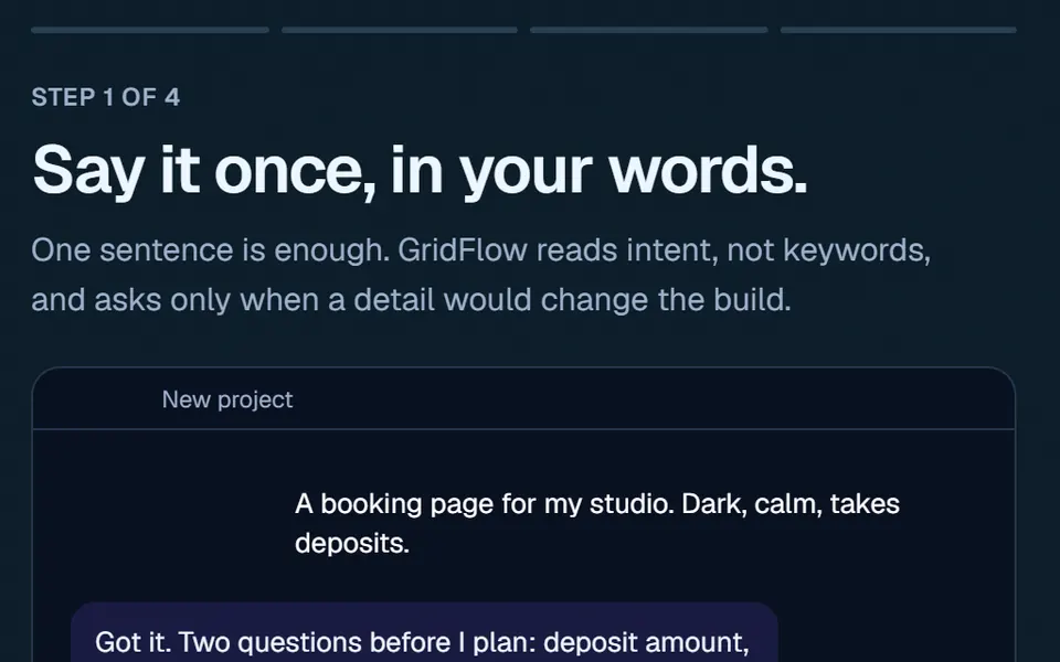 Step 1 of 4, Say it once, in your words: a request for a dark, calm booking page and GridFlow asking two clarifying questions