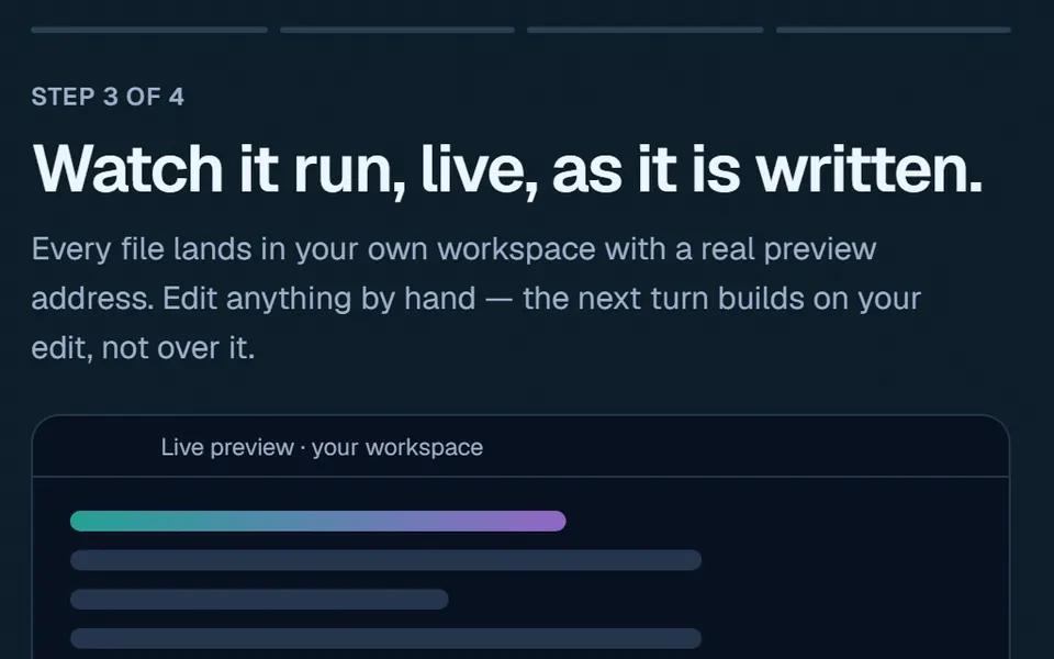 Step 3 of 4, Watch it run, live, as it is written: a live preview panel in your own workspace