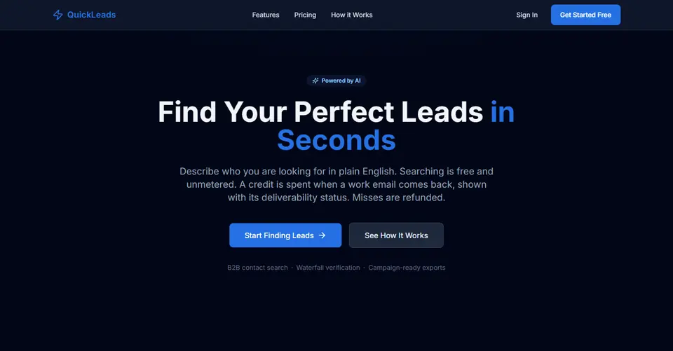 QuickLeads in dark mode: the headline Find Your Perfect Leads in Seconds on a navy page