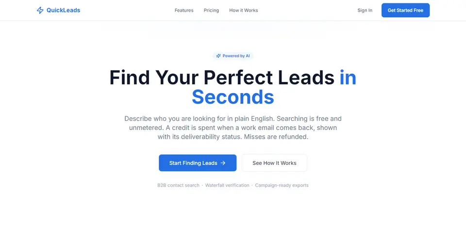 QuickLeads in light mode: the same headline and buttons on a white page