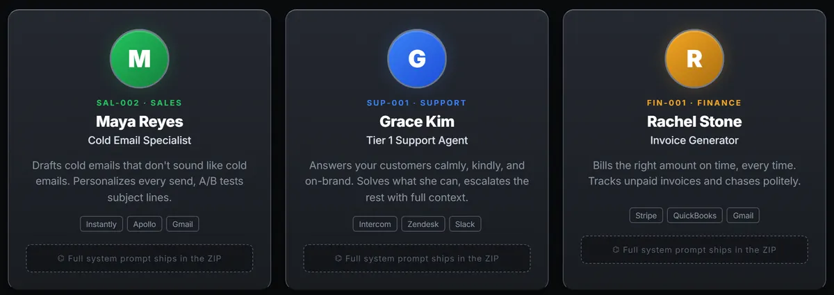 Three Promptlrd roster cards: a cold email specialist in sales, a tier 1 support agent and an invoice generator in finance, each with the tools it works in