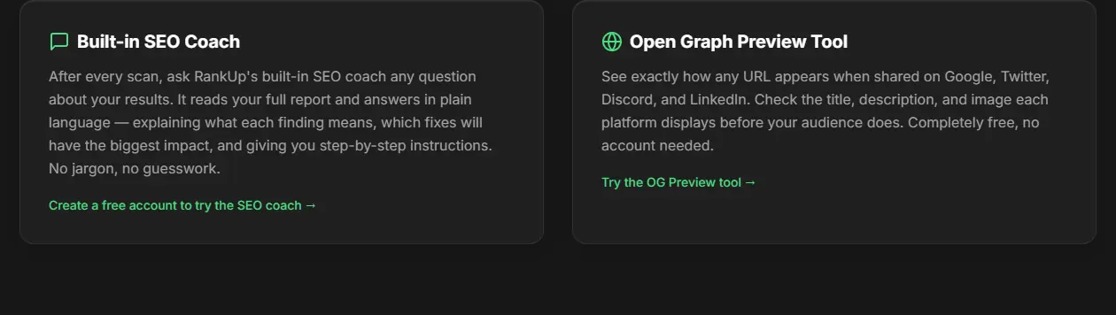 The Built-in SEO Coach and the Open Graph Preview Tool, side by side