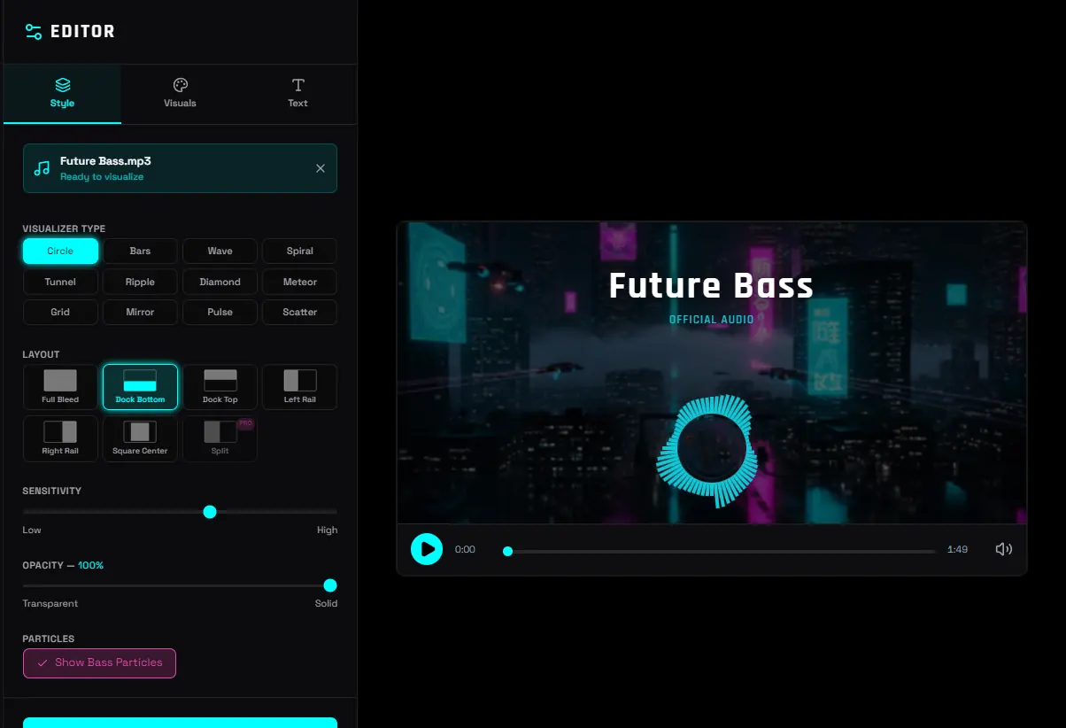 The Sonivis editor with Future Bass loaded: the Circle visualizer over a neon city scene, with visualizer type, layout and sensitivity controls
