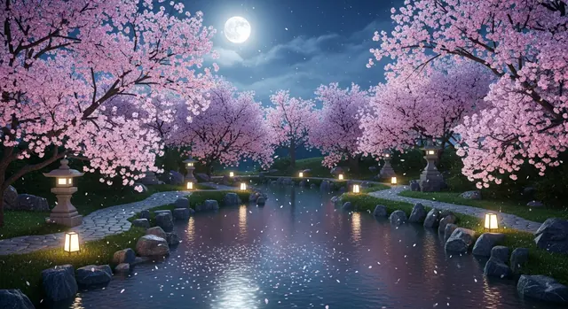 Sakura Night template: cherry blossoms beside a moonlit stream