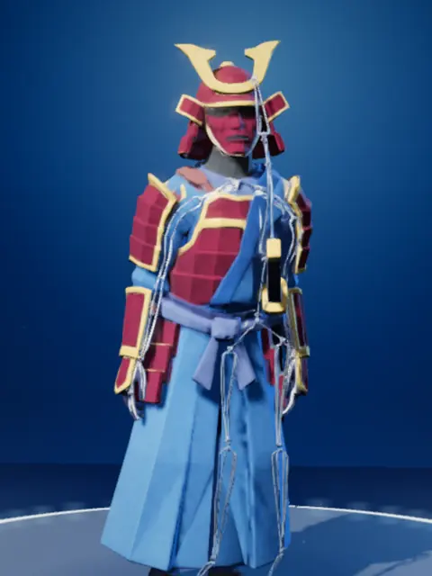 Blue Samurai: lacquered red armour over blue robes and a gold-horned helmet