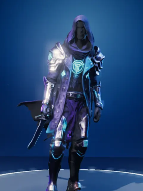 Glowing Knight: plate armour and a hooded coat lit from within