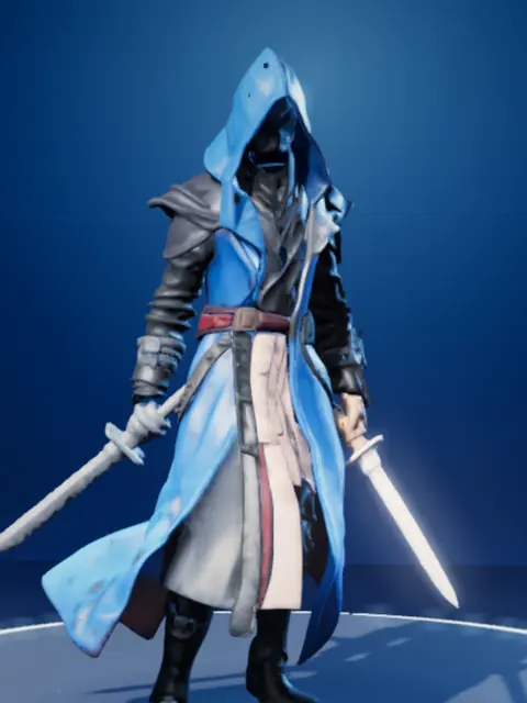 Hooded Rogue: twin blades under a blue hood