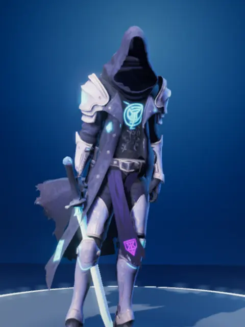 Neon Knight: a hooded knight in circuit-lit plate holding a glowing blade