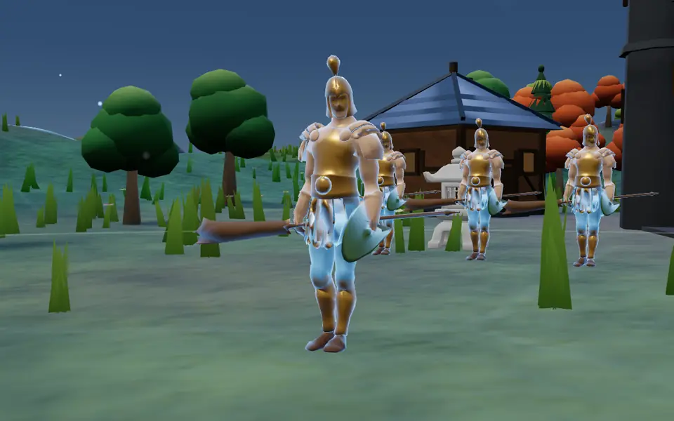 DOMINION: a bronze-armoured soldier stands in a village of timber houses with archers behind him