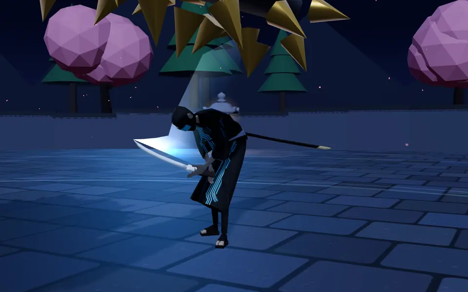 RONIN: a cloaked swordsman draws a glowing katana on a moonlit stone courtyard under pink blossom trees