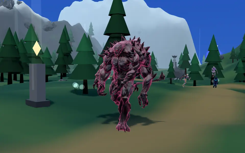 WARDEN: a spined crimson brute stalks across a pine valley below snowy mountains