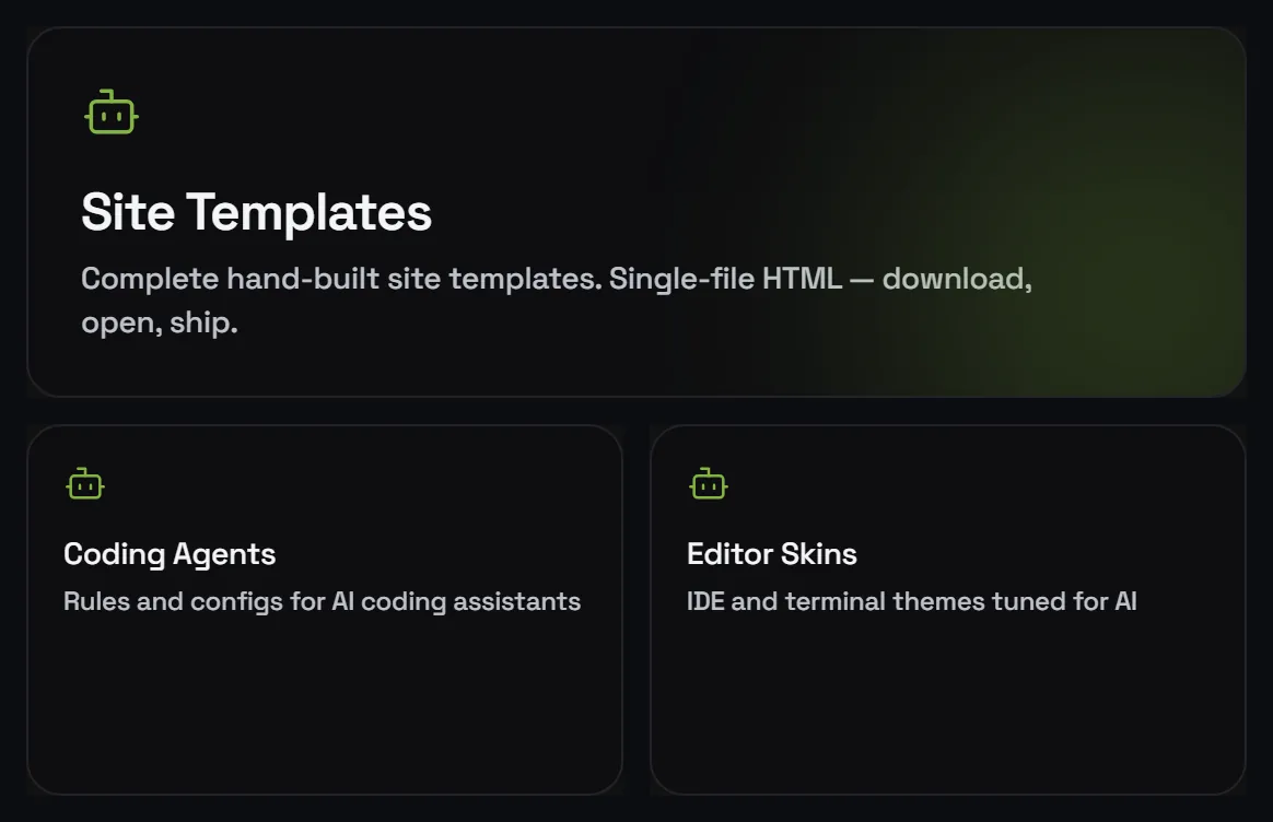 The three ThemeHub collections: Site Templates, Coding Agents and Editor Skins