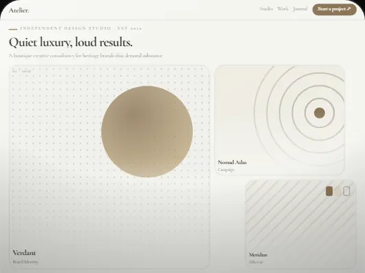 Atelier template: a cream editorial studio page with a gold sphere and concentric rings
