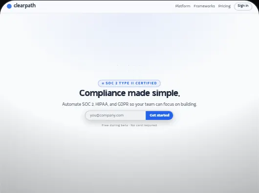 Clearpath template: a bright compliance landing page with an email sign-up
