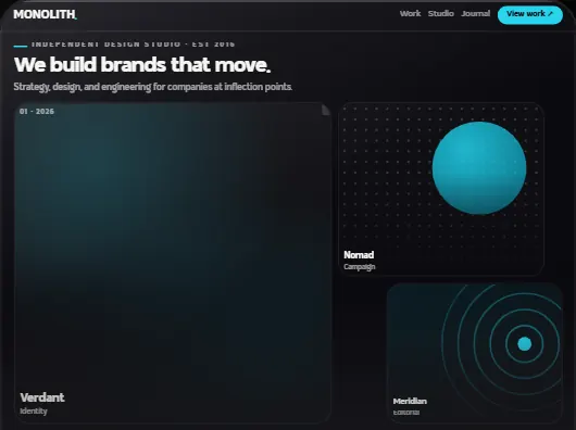 Monolith template: a dark design-studio page with a teal sphere and project tiles