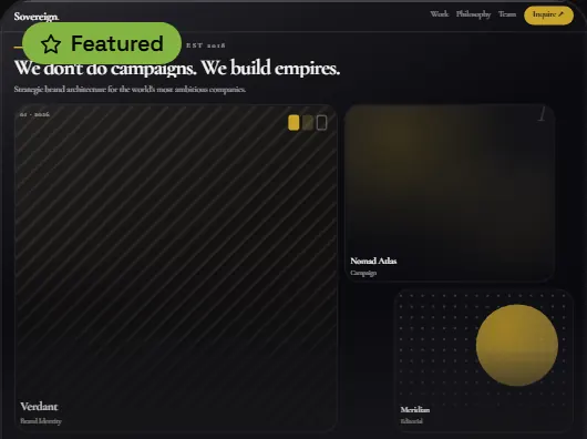 Sovereign template: a black brand-agency page with gold accents and case-study tiles