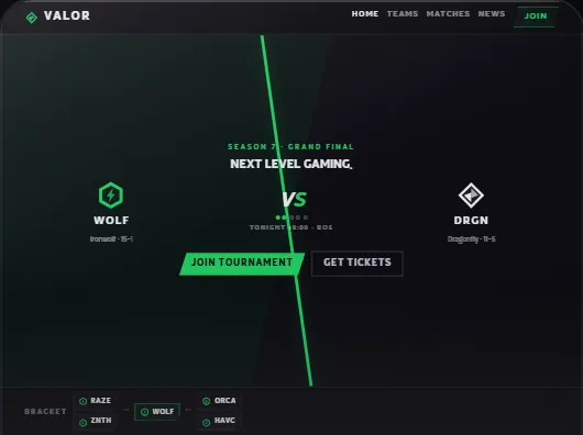 Valor template: an esports grand final page with two team crests and a neon split