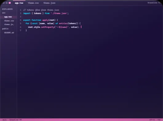 An editor skin: a deep purple code editor with neon syntax colours